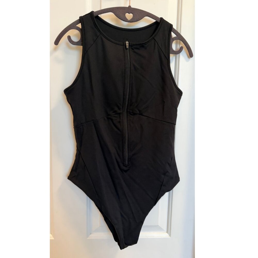 Buffbunny Collection Black Ribbed Zip Front One Piece Swimsuit Medium